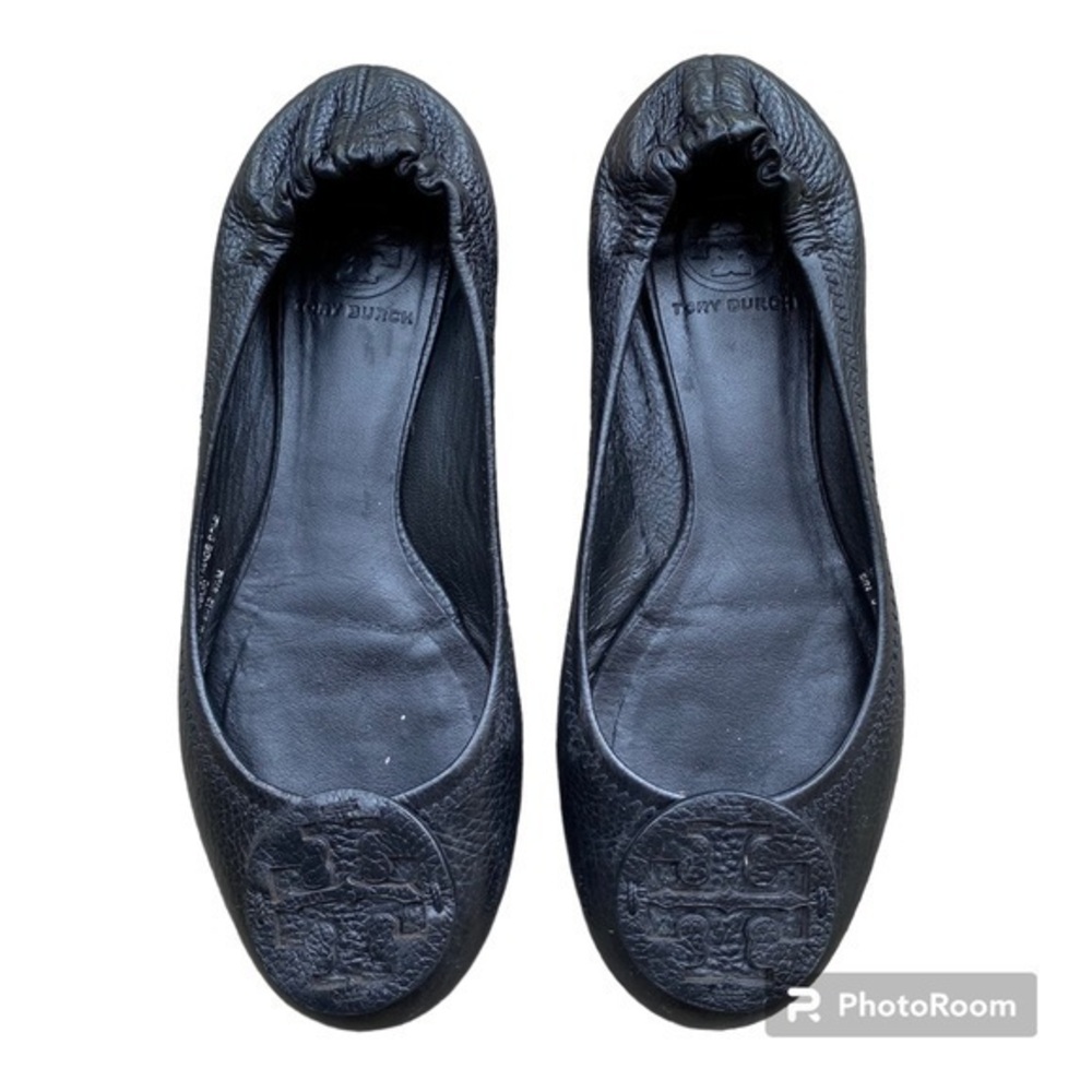 Tory Burch Minnie Ballet Flats 6.5 Black Pebbled Leather Logo